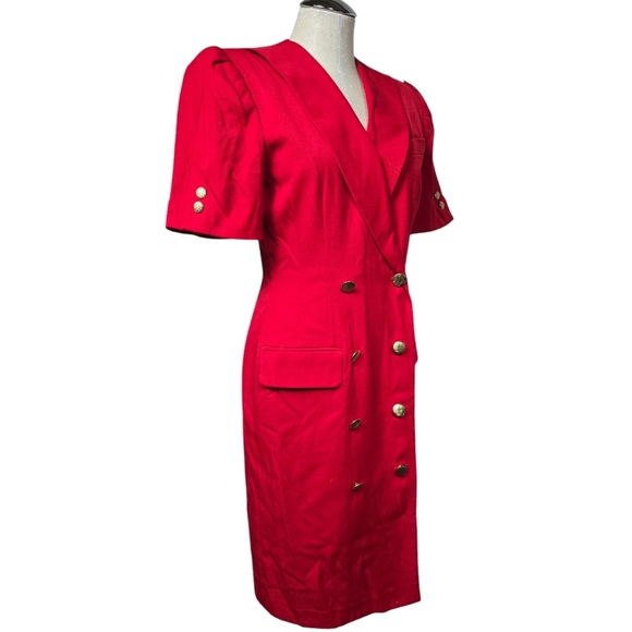 Kasper For A.S.L Petite Red Vintage Military Padded Gold Button Down Dress 4P - Picture 5 of 12